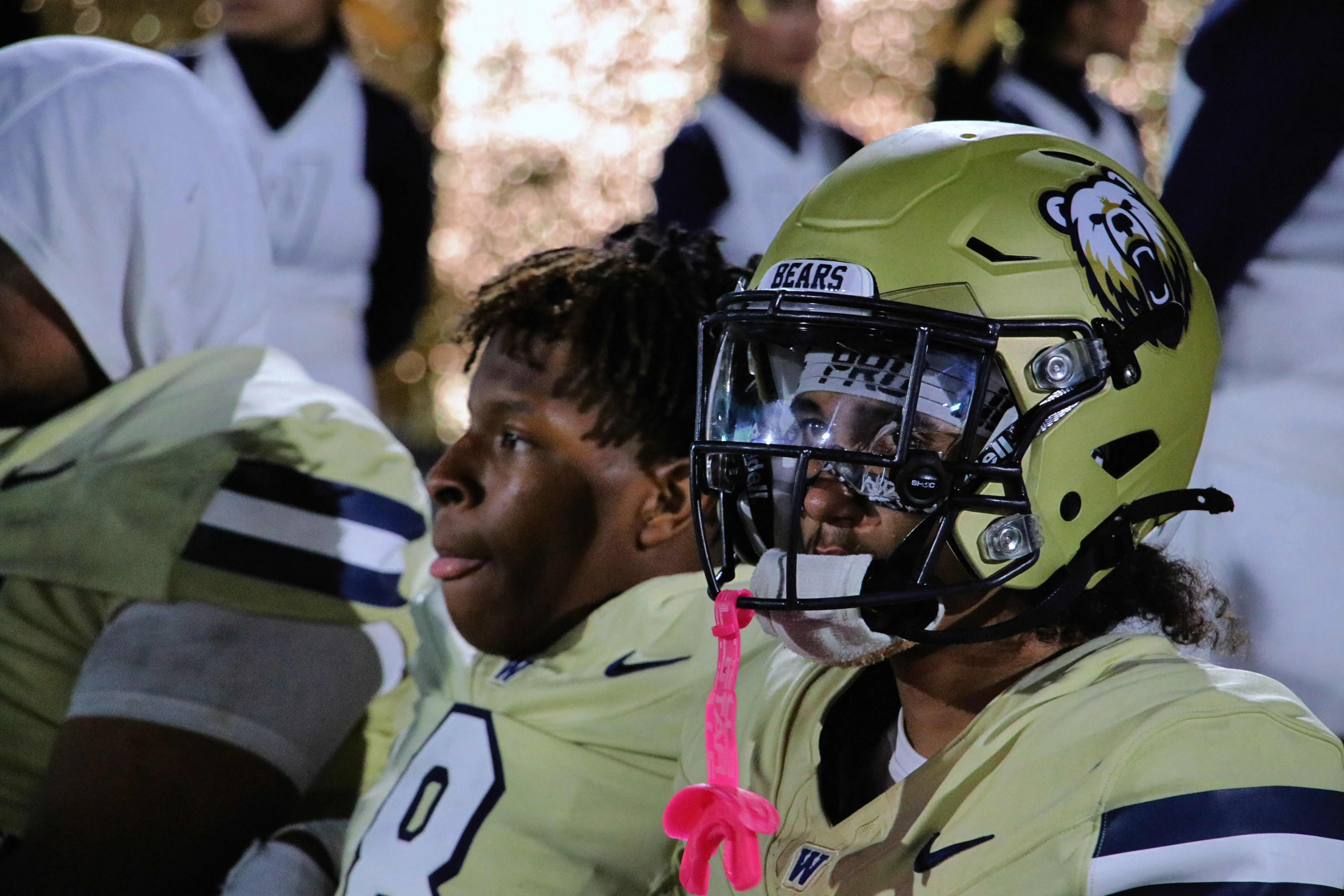 Two Warren Bears players sit on the bench in gold jerseys, one in a helmet with a pink mouthguard hanging from the facemask, warm stadium lights glowing behind them.